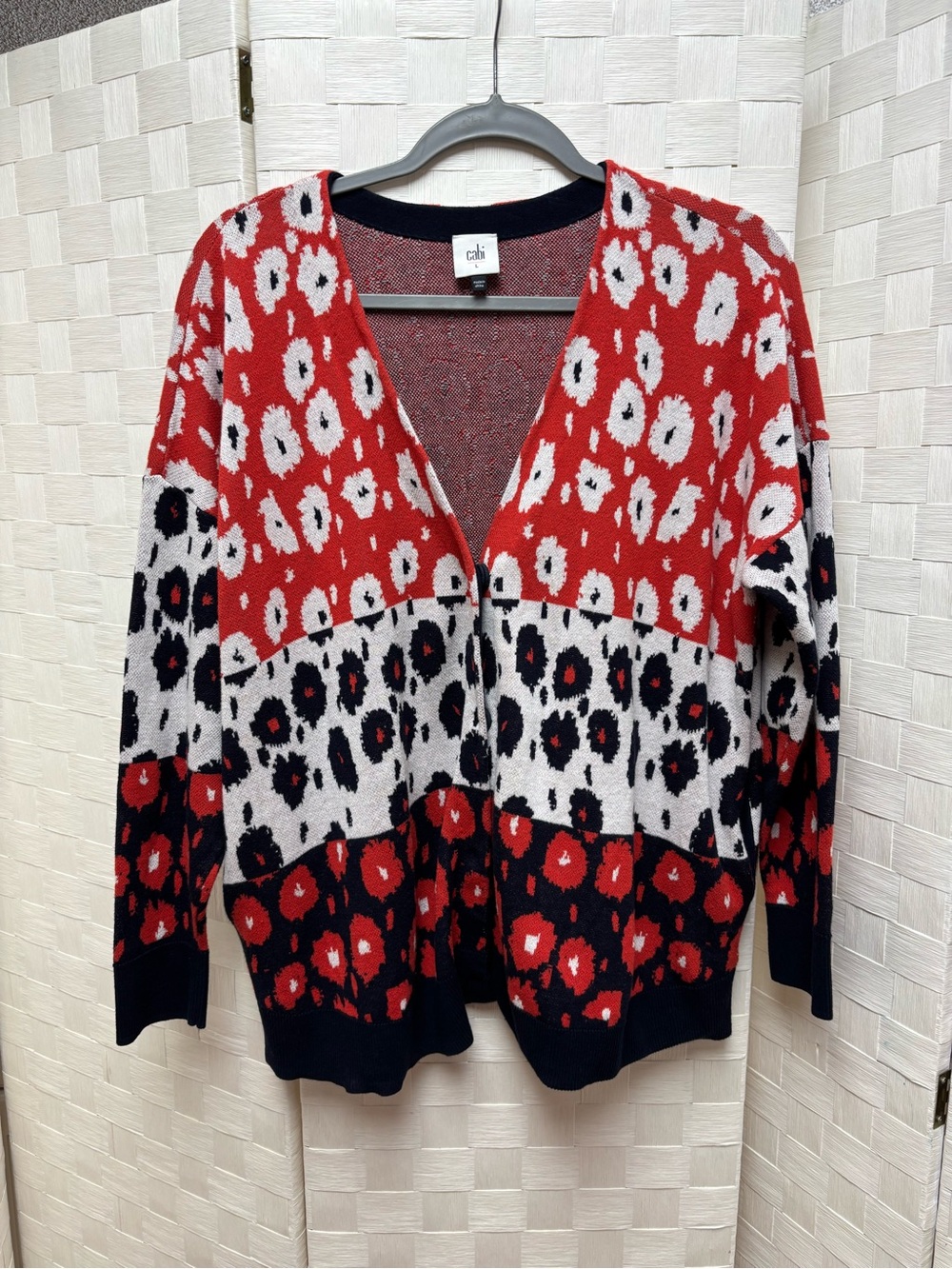 CAbi Red, White & Black Floral Cardigan Sweater Large